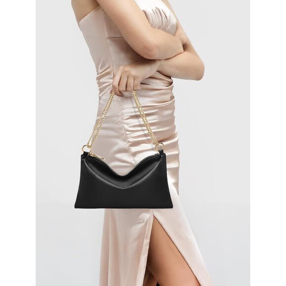 Women's Black Satin Evening Handbag with Detachable Chain for Prom Wedding Party - Picture 6 of 7